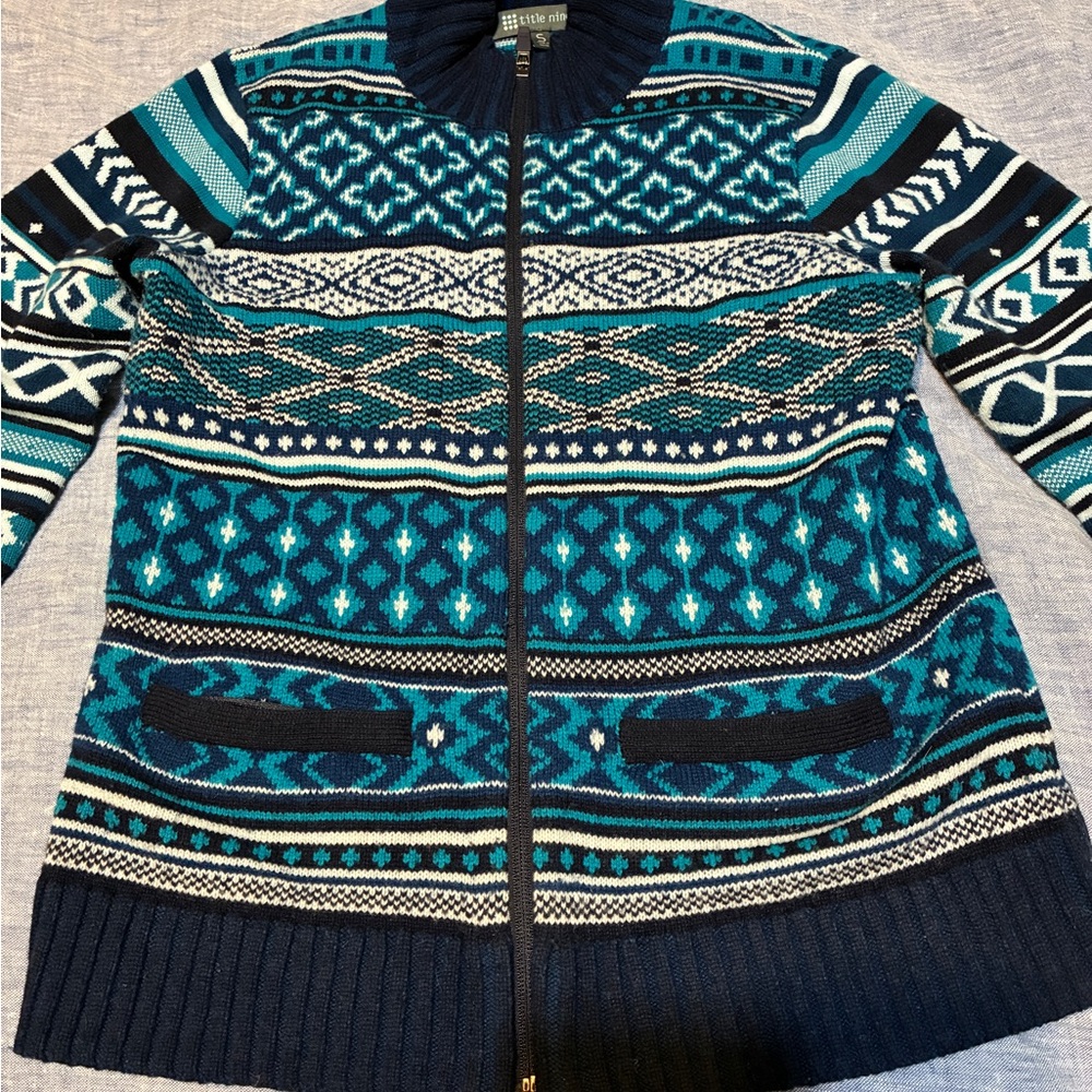 Title nine merino wool blend sweater Navy and Teal Patterned Cardigan
